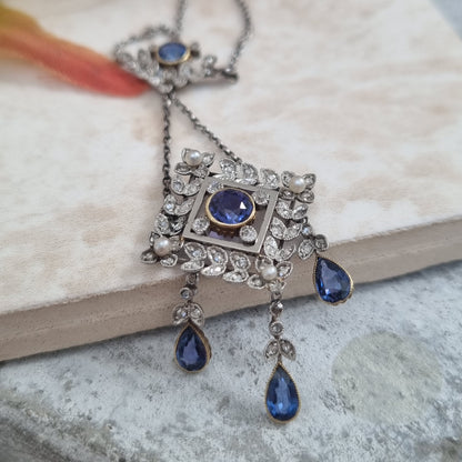 Antique Sapphire and Diamond Drop Pendant