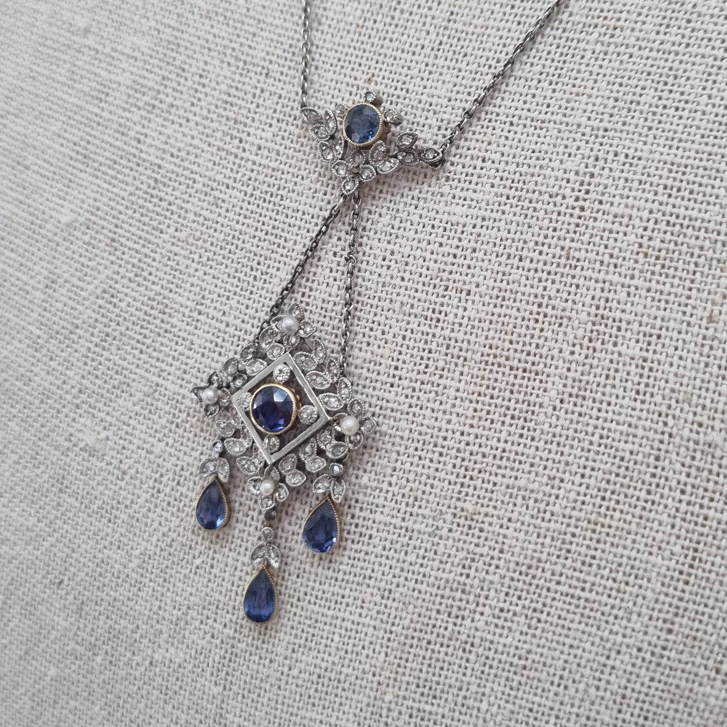 Antique Sapphire and Diamond Drop Pendant