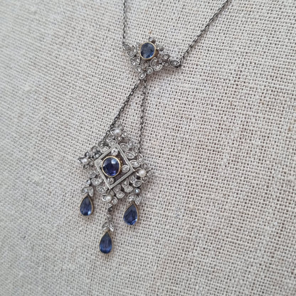 Antique Sapphire and Diamond Drop Pendant