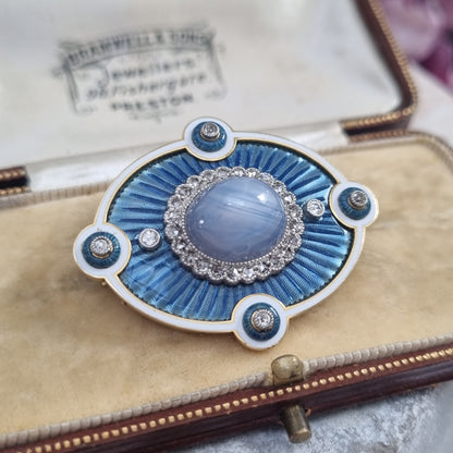 Edwardian Antique Star Sapphire Diamond Blue and White Enamel Pendant Brooch