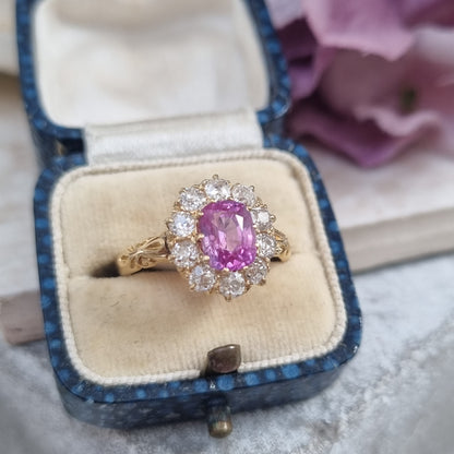 Victorian Antique Vivid Pink Sapphire and Old Cut Diamond Cluster Engagement Ring in 18ct Yellow Gold