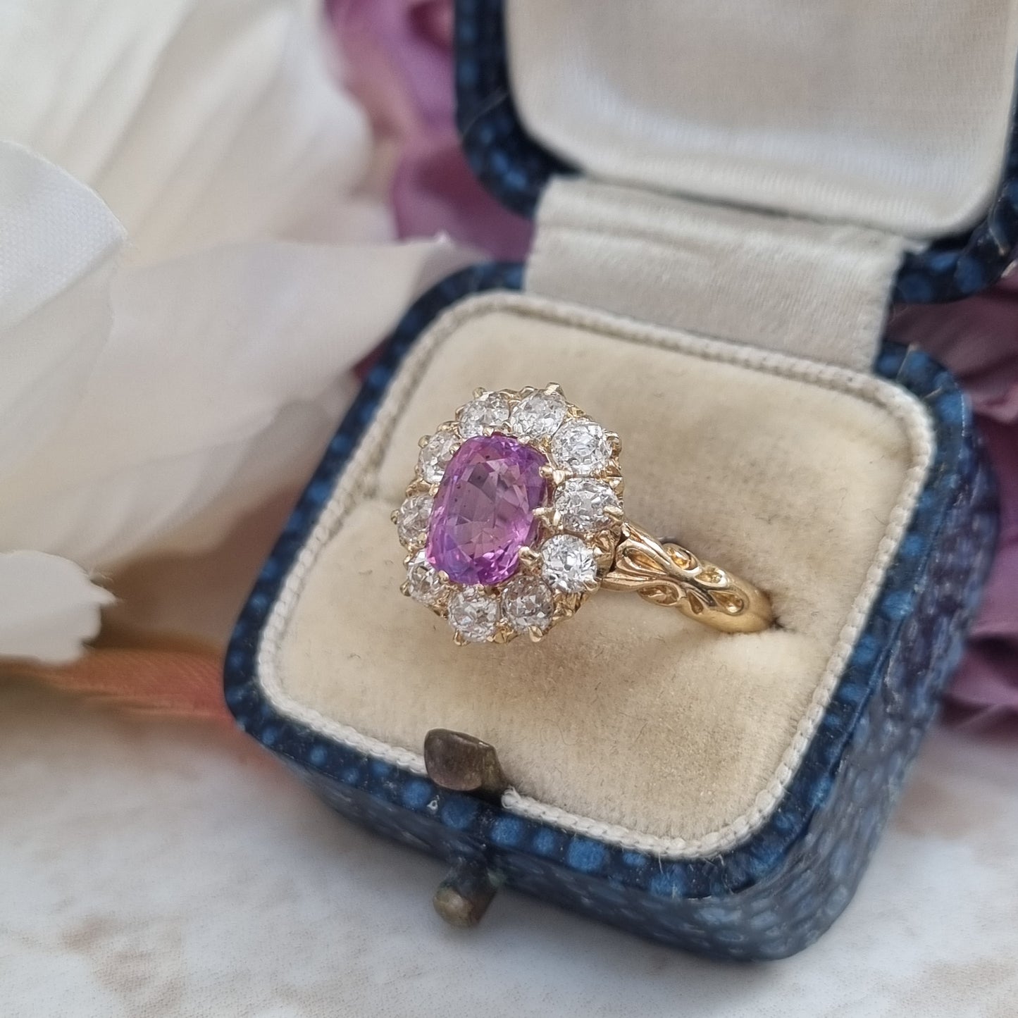 Victorian Antique Vivid Pink Sapphire and Old Cut Diamond Cluster Engagement Ring in 18ct Yellow Gold