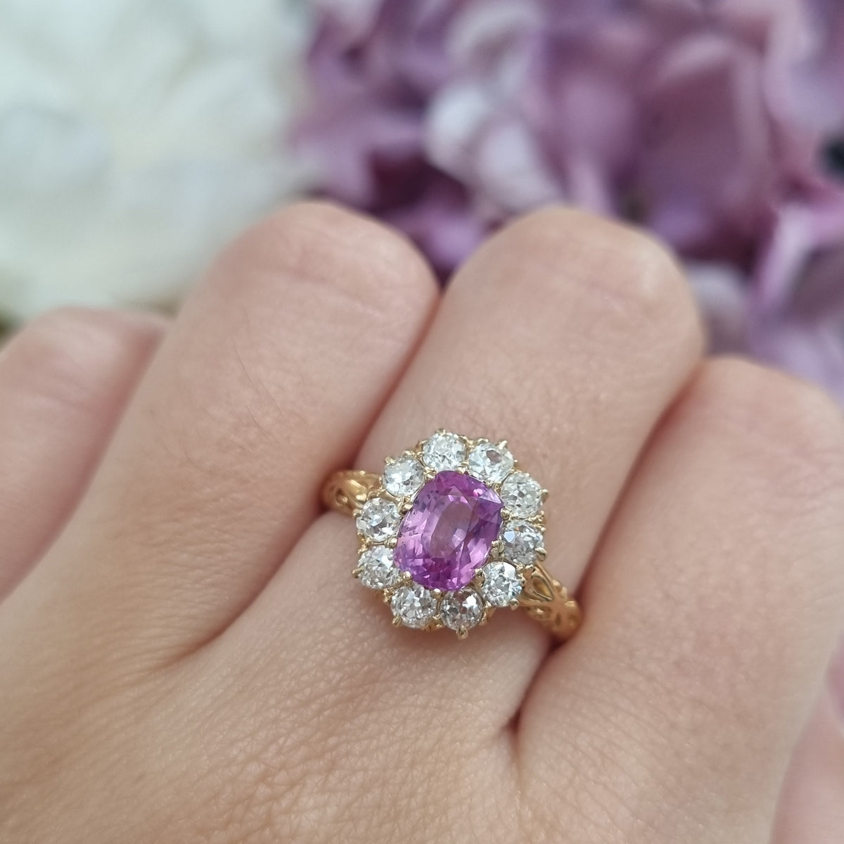 Victorian Antique Vivid Pink Sapphire and Old Cut Diamond Cluster Engagement Ring in 18ct Yellow Gold