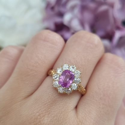 Victorian Antique Vivid Pink Sapphire and Old Cut Diamond Cluster Engagement Ring in 18ct Yellow Gold