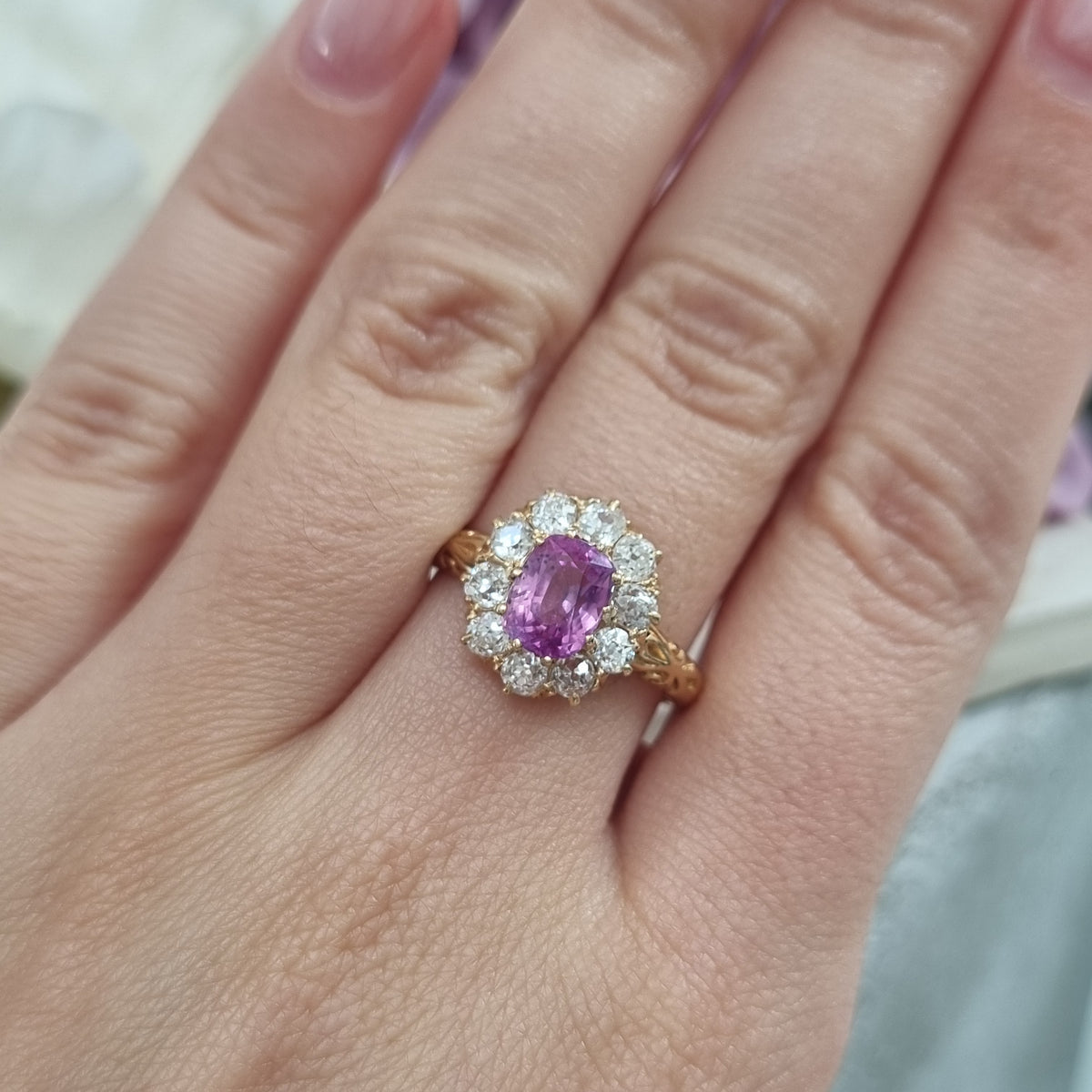 Victorian Antique Vivid Pink Sapphire and Old Cut Diamond Cluster Engagement Ring in 18ct Yellow Gold