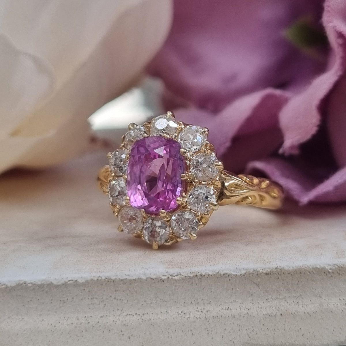 Victorian Antique Vivid Pink Sapphire and Old Cut Diamond Cluster Engagement Ring