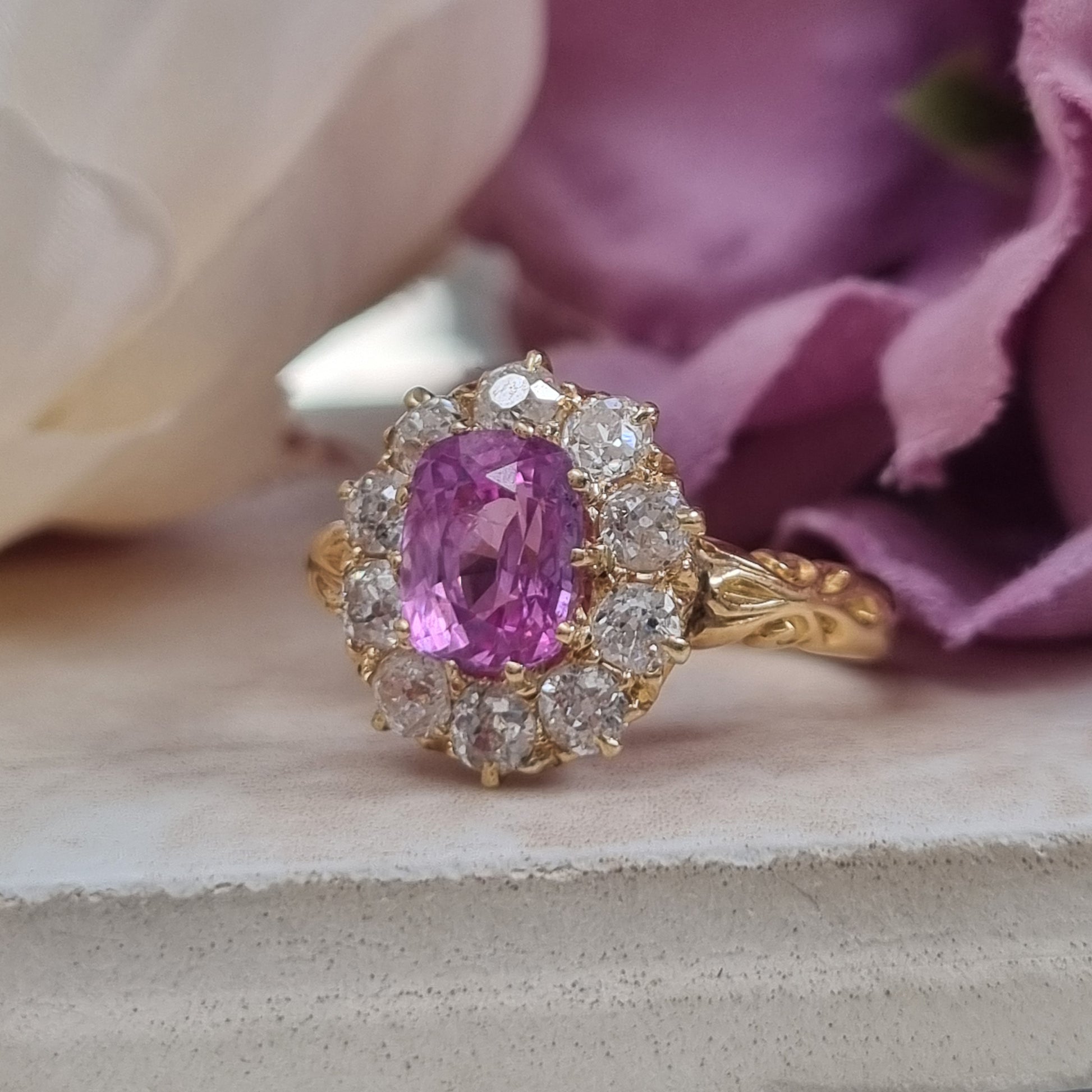 Victorian Antique Vivid Pink Sapphire and Old Cut Diamond Cluster Engagement Ring