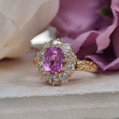 Victorian Antique Vivid Pink Sapphire and Old Cut Diamond Cluster Engagement Ring