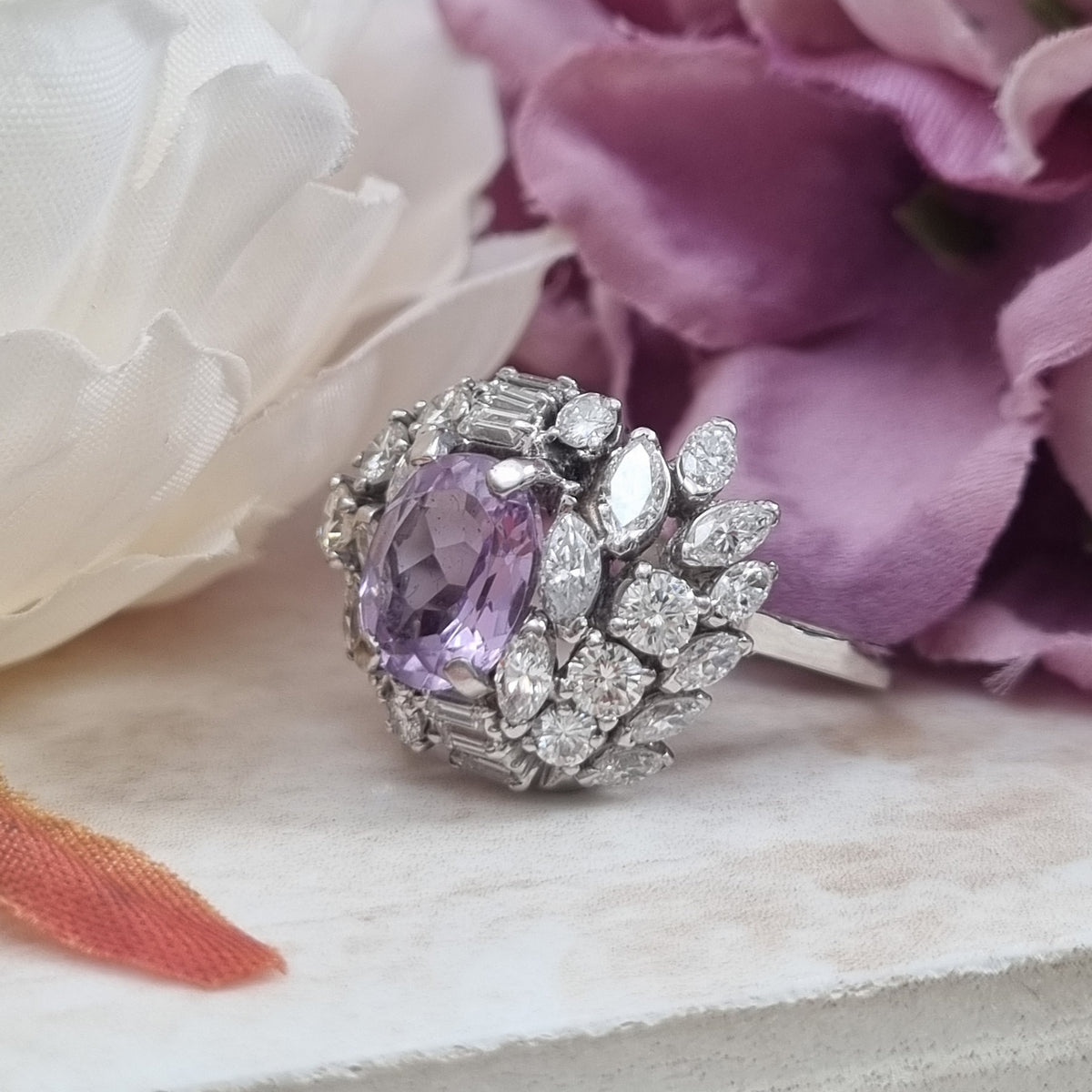 Vintage Lilac Amethyst and Diamond Statement Cluster Cocktail Ring, 2.5 carats of Baguette Brilliant Marquise Diamonds