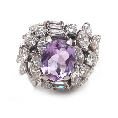 Vintage Lilac Amethyst and Diamond Cluster Cocktail Ring, 2.5 carats of Baguette Brilliant Marquise Diamonds