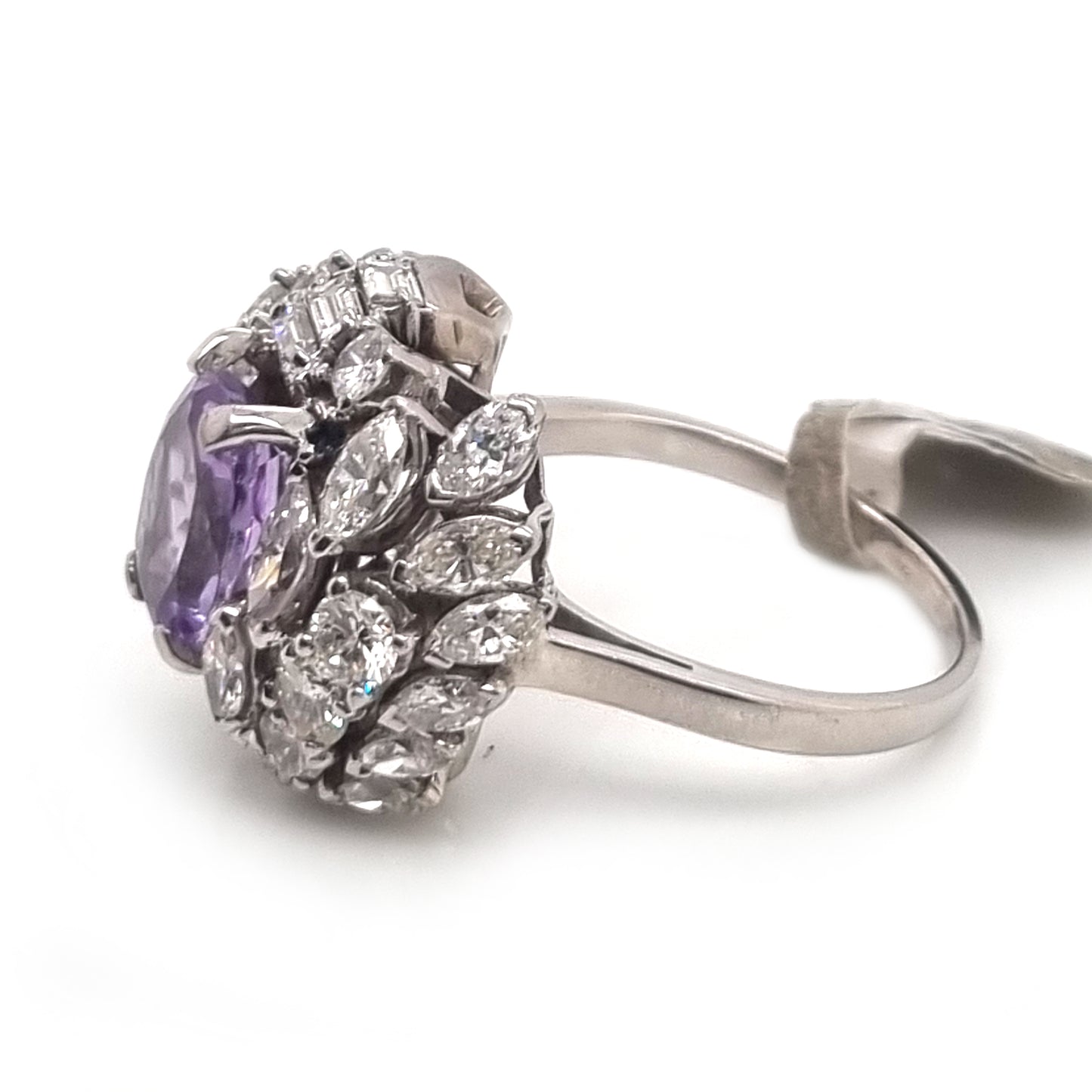 Vintage Lilac Amethyst and Diamond Statement Cluster Cocktail Ring, 2.5 carats of Baguette Brilliant Marquise Diamonds