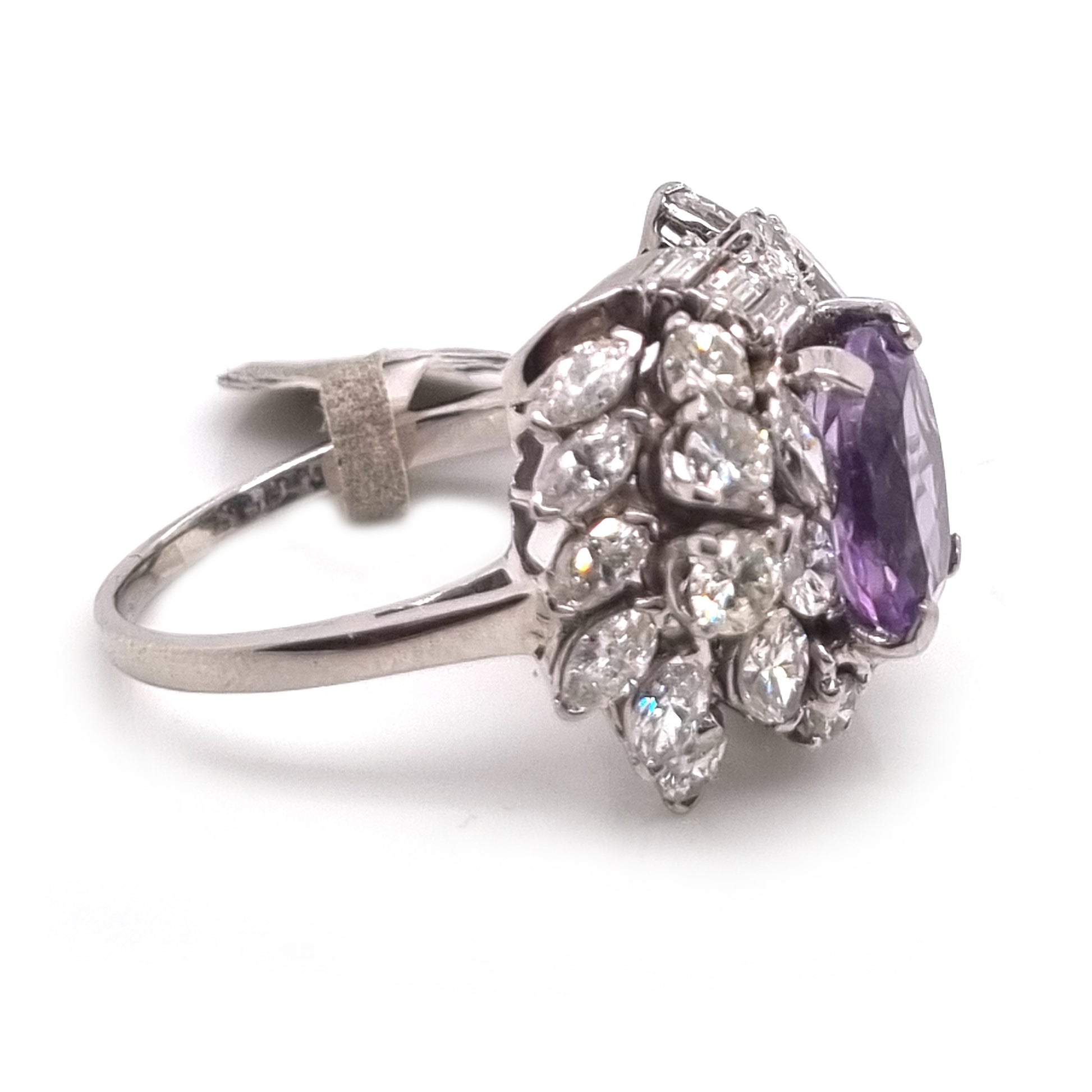 Vintage Lilac Amethyst and Diamond Statement Cluster Cocktail Ring, 2.5 carats of Baguette Brilliant Marquise Diamonds