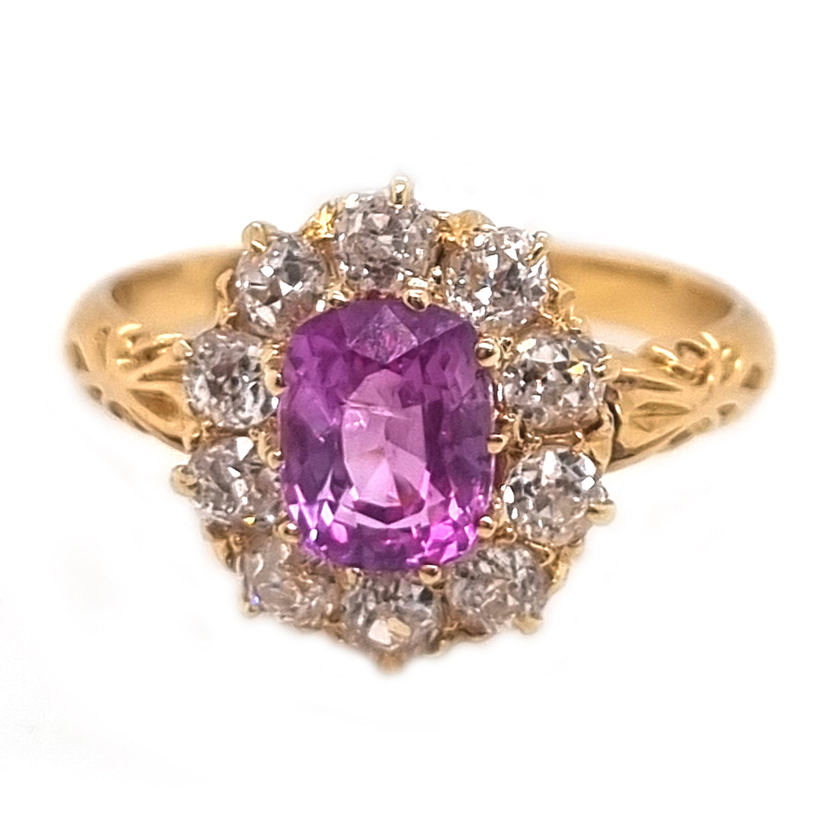 Victorian Antique Vivid Pink Sapphire and Old Cut Diamond Cluster Engagement Ring
