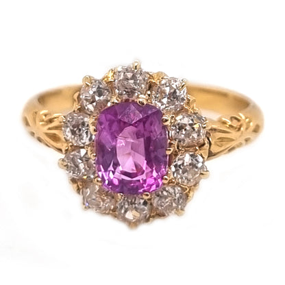 Victorian Antique Vivid Pink Sapphire and Old Cut Diamond Cluster Engagement Ring