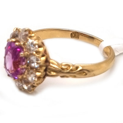 Victorian Antique Vivid Pink Sapphire and Old Cut Diamond Cluster Engagement Ring in 18ct Yellow Gold