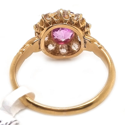 Victorian Antique Vivid Pink Sapphire and Old Cut Diamond Cluster Engagement Ring in 18ct Yellow Gold