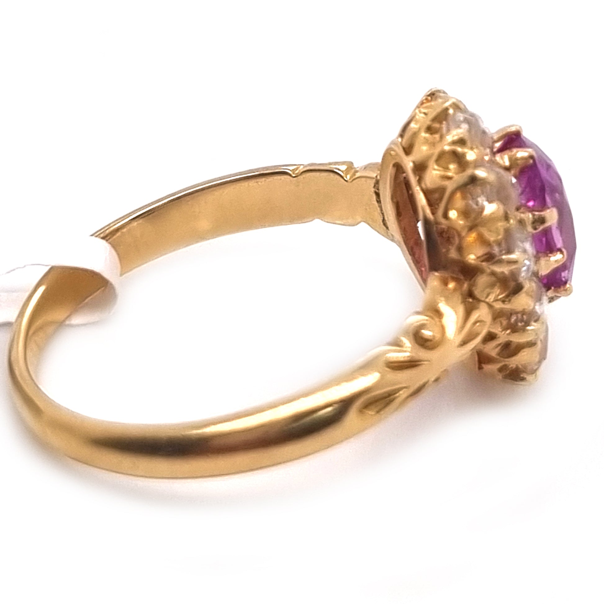 Victorian Antique Vivid Pink Sapphire and Old Cut Diamond Cluster Engagement Ring in 18ct Yellow Gold