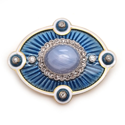 Edwardian Antique Star Sapphire Diamond Blue and White Enamel Pendant Brooch