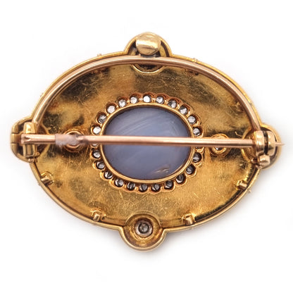 Edwardian Antique Star Sapphire Diamond Blue and White Enamel Pendant Brooch