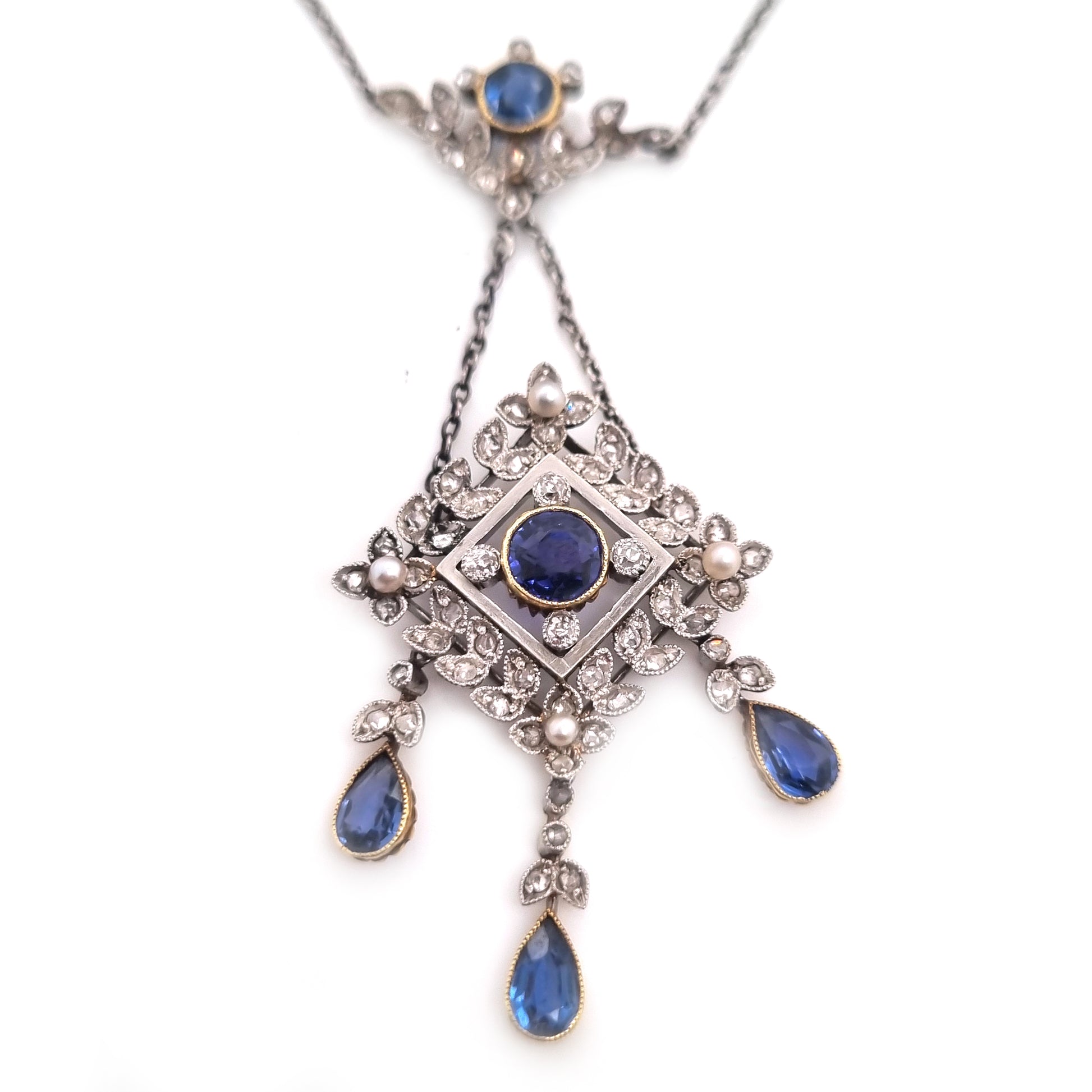 Antique Sapphire and Diamond Drop Pendant
