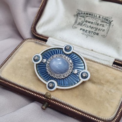 Edwardian Antique Star Sapphire Diamond Blue and White Enamel Pendant Brooch