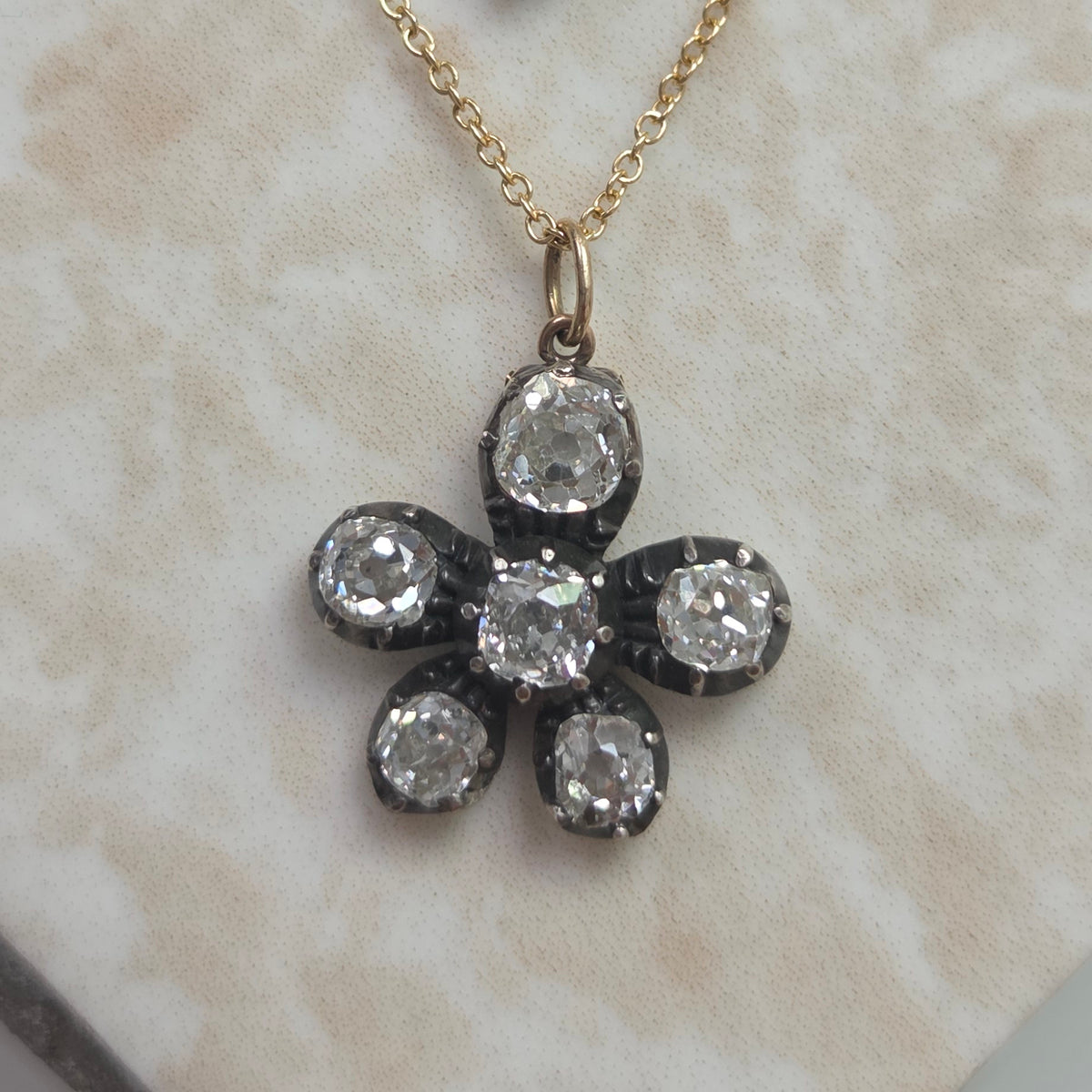 Antique 1.80ct Old Cut Diamond Flower Pendant with Chain