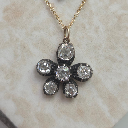 Antique 1.80ct Old Cut Diamond Flower Pendant with Chain