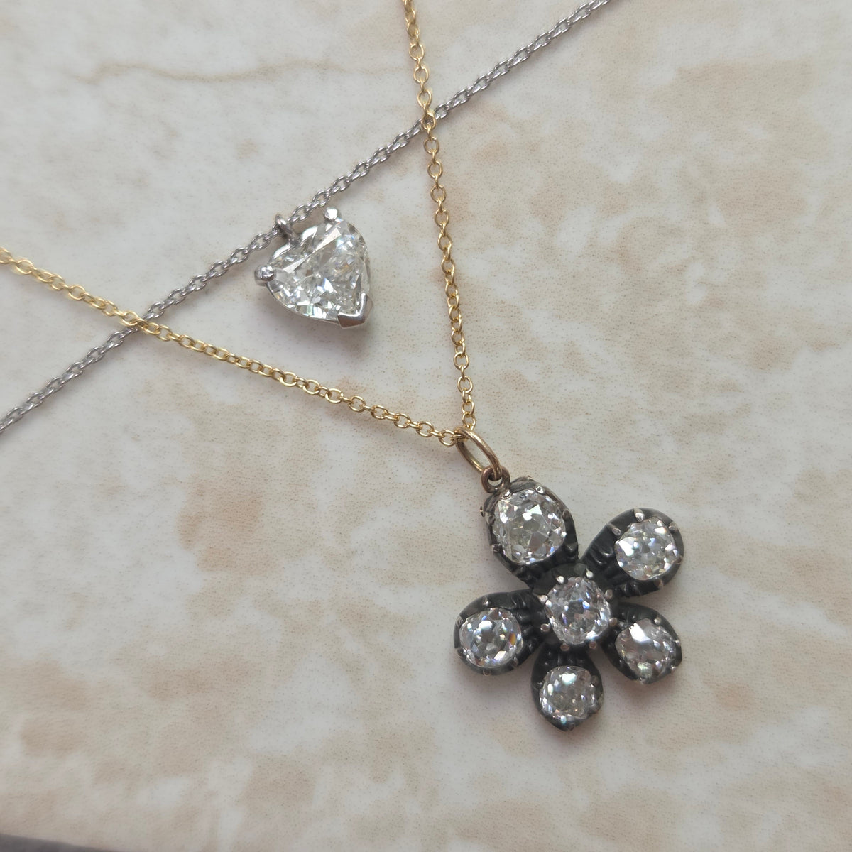 Antique 1.80ct Old Cut Diamond Flower Pendant with Chain