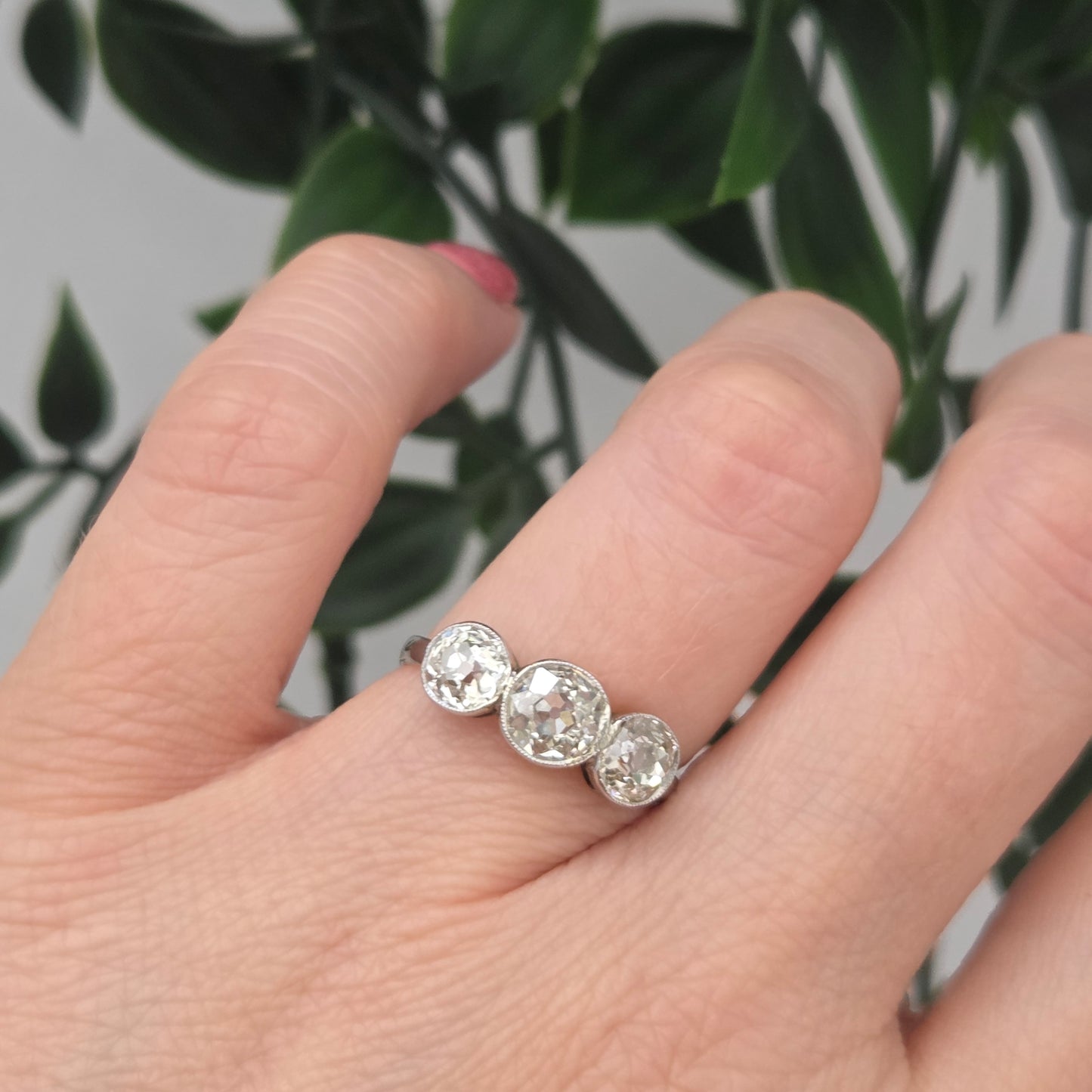 Antique 1.8ct Old European Cut Diamond Three Stone Engagement Ring