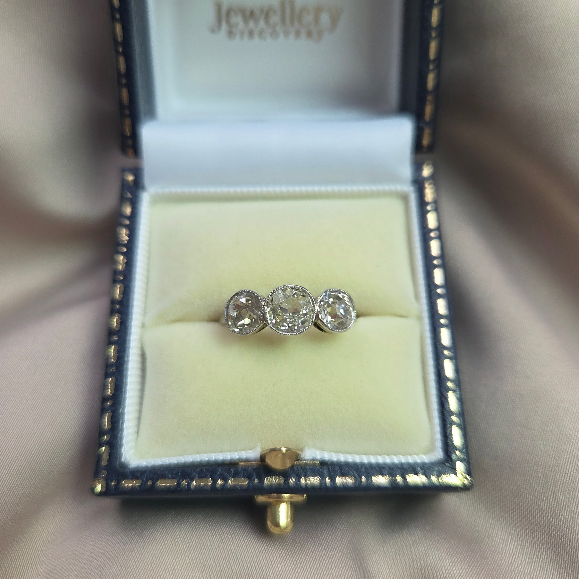 Antique 1.8ct Old European Cut Diamond Three Stone Engagement Ring