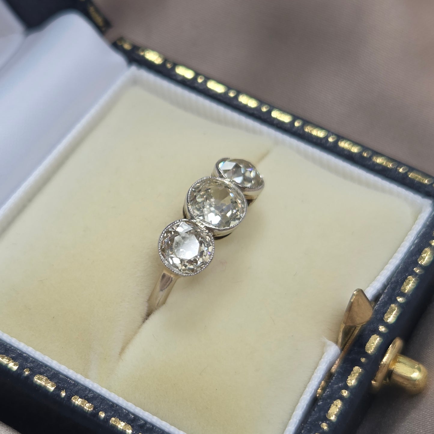 Antique 1.8ct Old European Cut Diamond Three Stone Engagement Ring