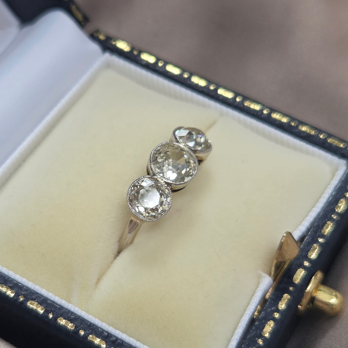 Antique 1.8ct Old European Cut Diamond Three Stone Engagement Ring