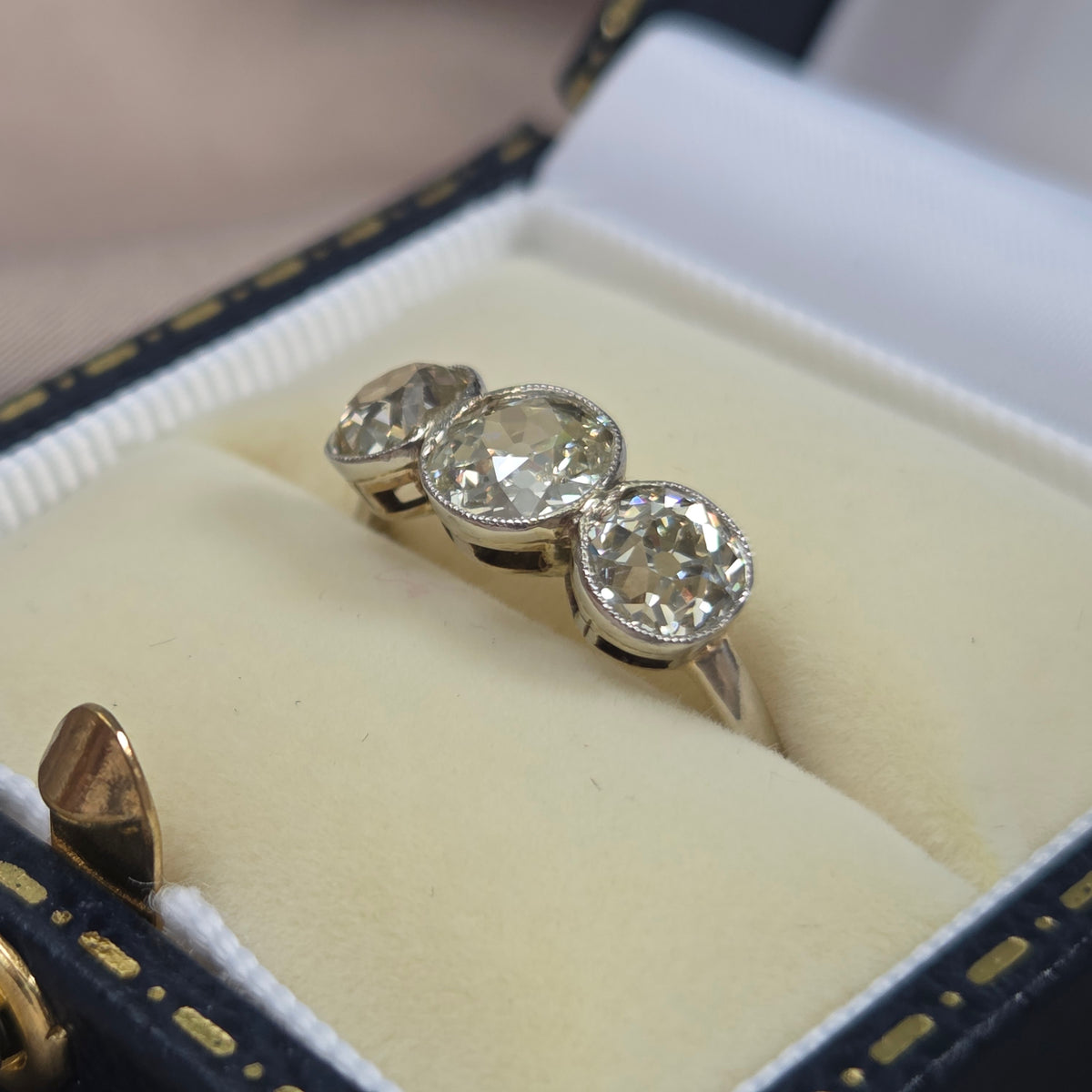 Antique 1.8ct Old European Cut Diamond Three Stone Engagement Ring