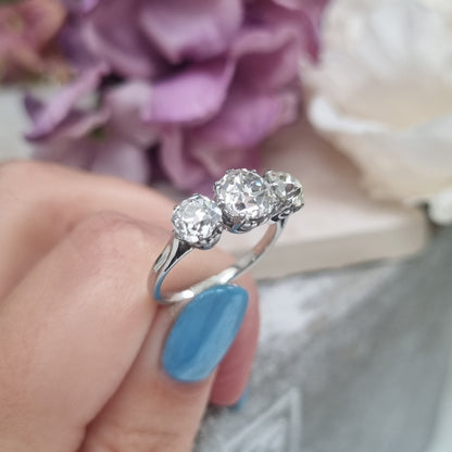 Antique 2.9ct Old Mine Cut Diamond Three Stone Engagement Ring