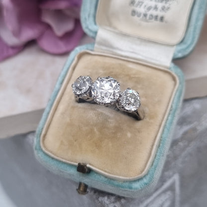 Antique 2.9ct Old Mine Cut Diamond Three Stone Engagement Ring