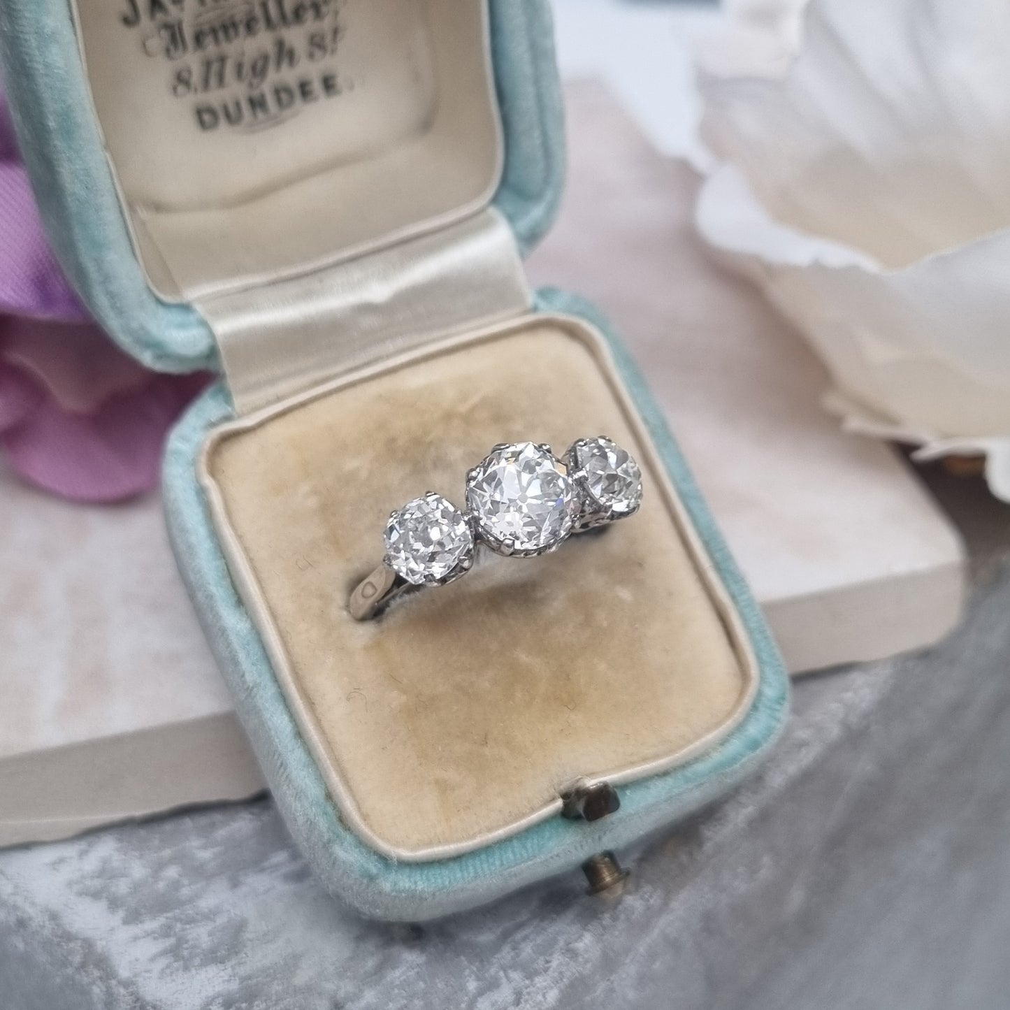 Antique 2.9ct Old Mine Cut Diamond Three Stone Engagement Ring