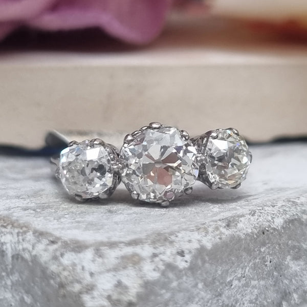 Antique 2.9ct Old Mine Cut Diamond Three Stone Engagement Ring