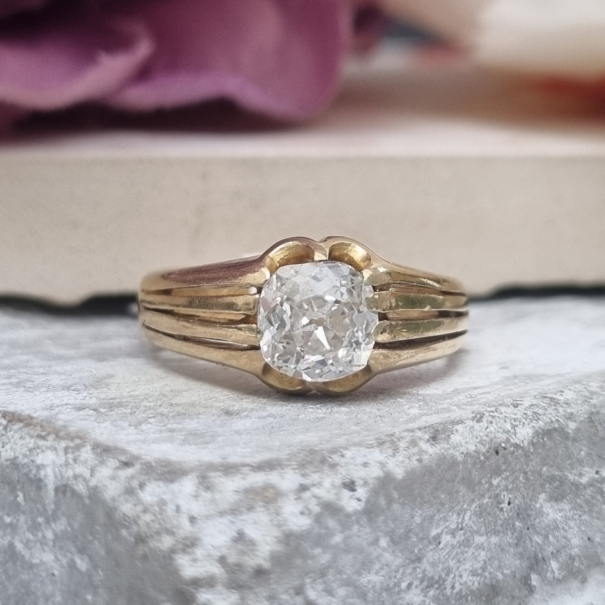 Antique Cushion Old Mine Cut Diamond Solitaire Gypsy Ring