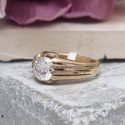 Antique Single Stone Cushion Old Mine Cut Diamond Solitaire Gypsy Ring in 18ct Yellow Gold Ribbed Shoulders