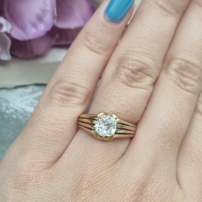Antique Single Stone Cushion Old Mine Cut Diamond Solitaire Gypsy Ring in 18ct Yellow Gold Ribbed Shoulders