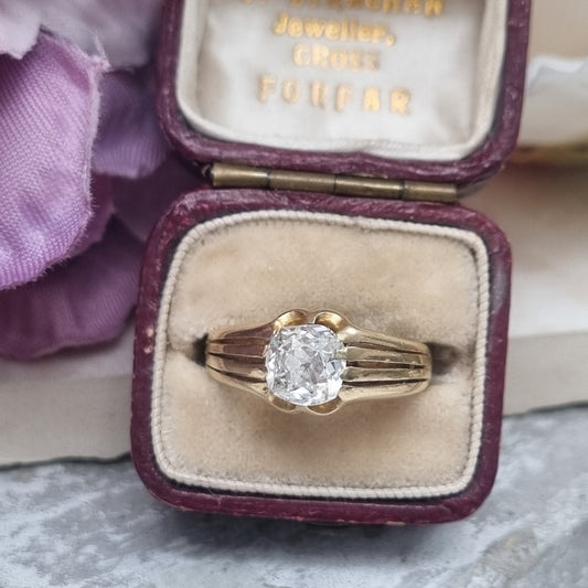 Antique Single Stone Cushion Old Mine Cut Diamond Solitaire Gypsy Ring in 18ct Yellow Gold Ribbed Shoulders