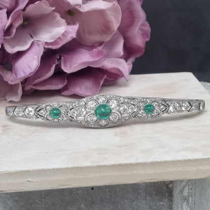 Fine Art Deco Cabochon Emerald and Diamond Bracelet