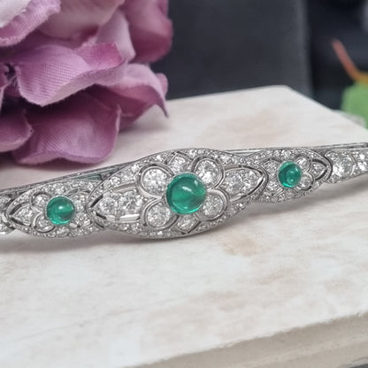 Fine Art Deco Cabochon Emerald and Diamond Bracelet