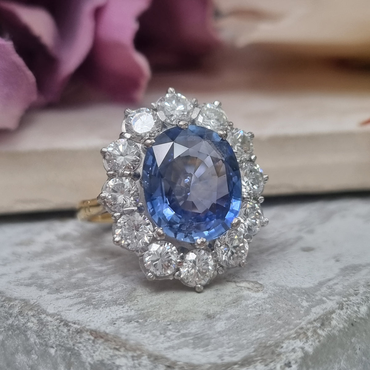 4.5ct Ceylon Sapphire and Diamond Cluster Engagement Ring in 18ct Gold