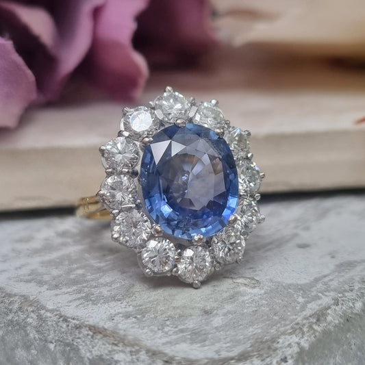4.5ct Ceylon Sapphire and Diamond Cluster Engagement Ring in 18ct Gold