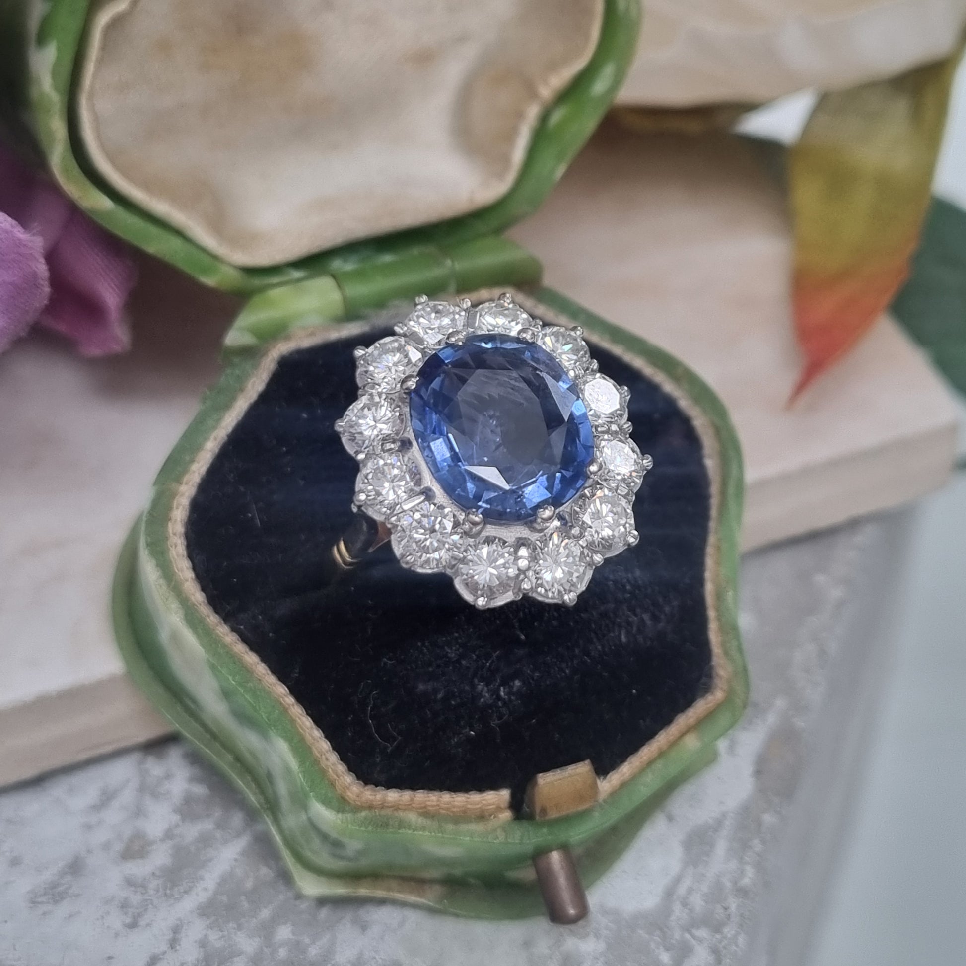 4.5ct Ceylon Sapphire and Diamond Cluster Engagement Ring in 18ct Gold