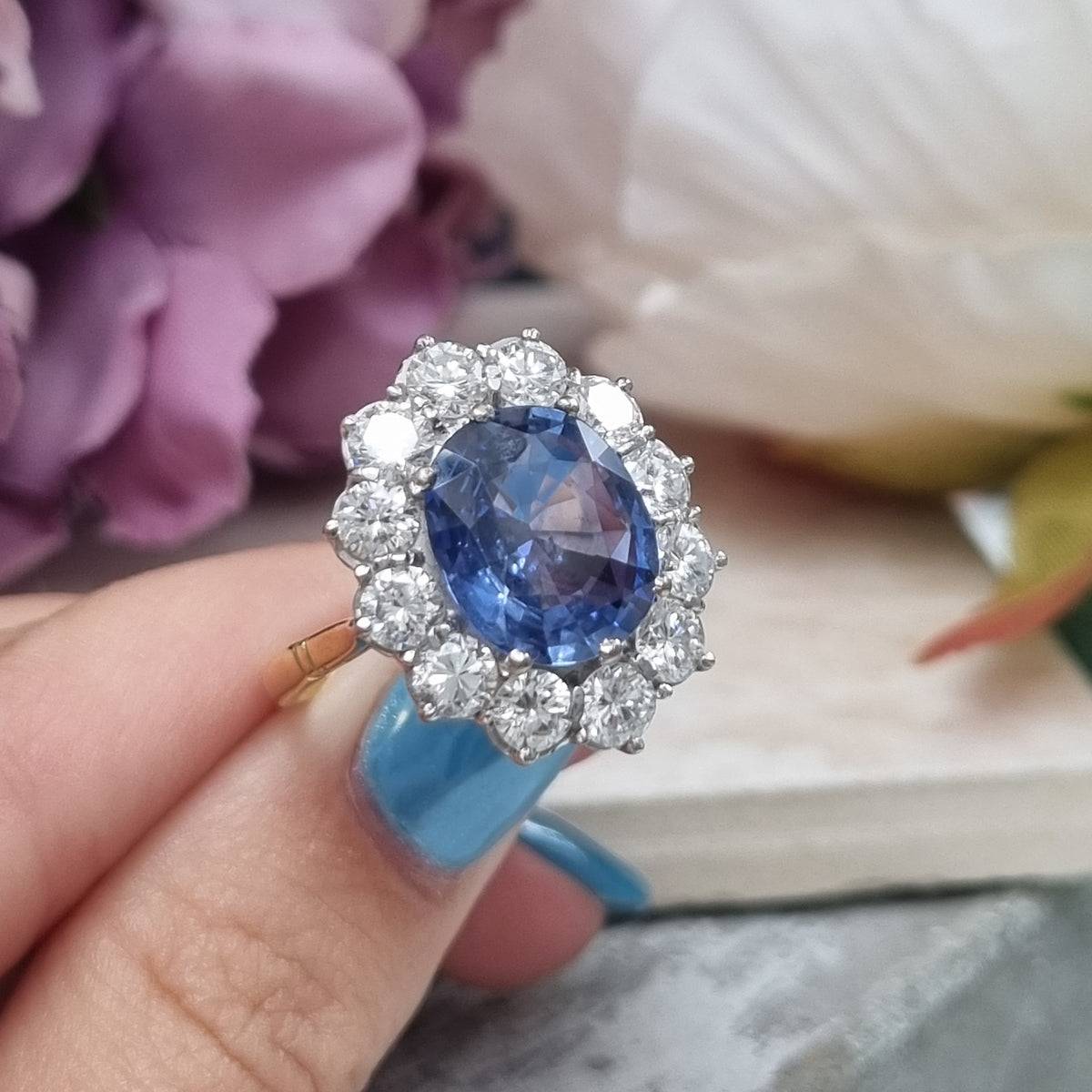 4.5ct Ceylon Sapphire and Diamond Cluster Engagement Ring in 18ct Gold