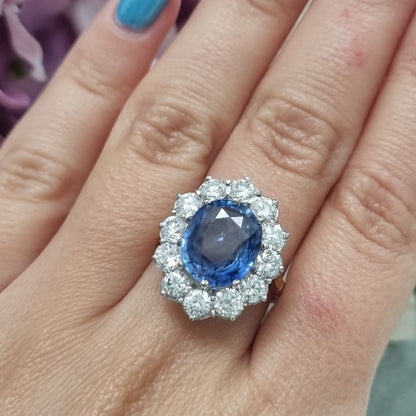 4.5ct Ceylon Sapphire and Diamond Cluster Engagement Ring in 18ct Gold