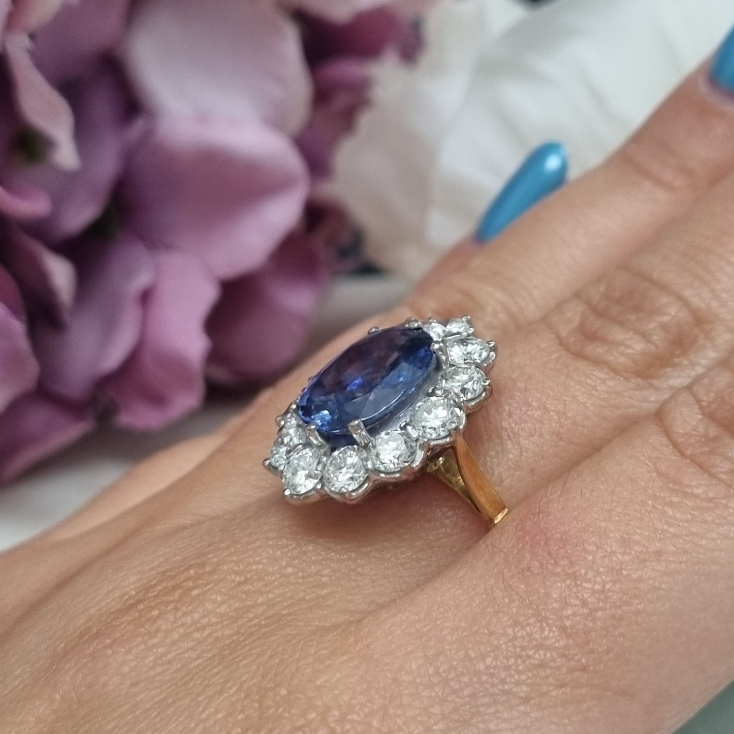 4.5ct Ceylon Sapphire and Diamond Cluster Engagement Ring in 18ct Gold