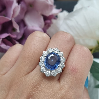 4.5ct Ceylon Sapphire and Diamond Cluster Engagement Ring in 18ct Gold